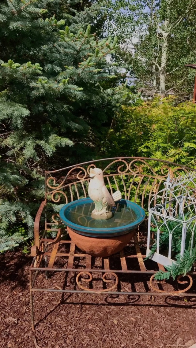 Placing odd pieces together to make a birdbath looks like this one in my garden…,